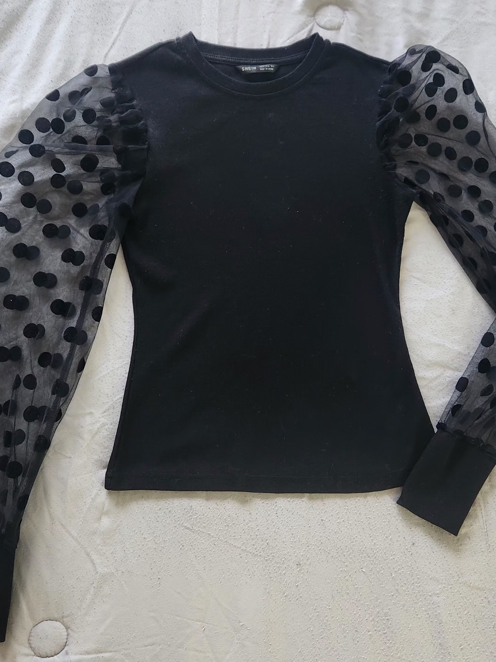 SHEIN Black Polka Dot Puff Sleeve Mesh Top
